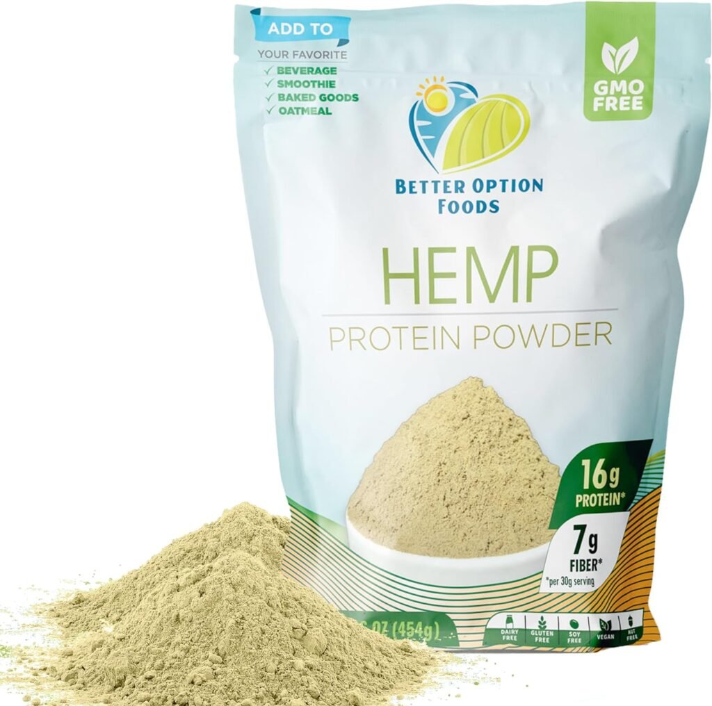 Better Option Foods Hemp Protein Powder - Easy-to-Digest Fiber Protein Powder for Oatmeal, Smoothies  Baked Goods - Non GMO, Zero Dairy  Gluten Free, Vegan, Plant Based Protein Powder, 16 oz