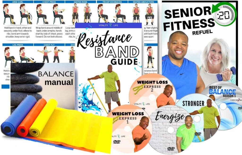 Exercise DVD for Seniors- :20 REFUEL, 5 DVDs + 3 Fitness Bands + Resistance Band Poster + Balance Exercise Manual + Bonus Gift. All Exercise for Seniors are Shown Both Standing and Seated in Chair.