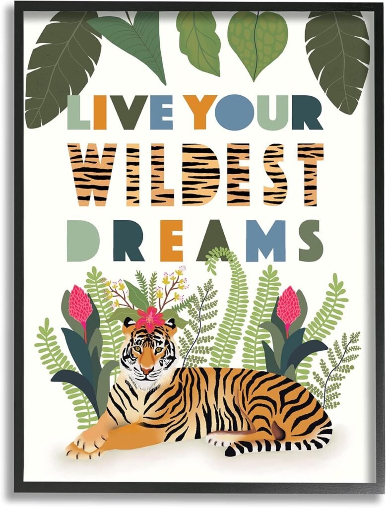 Stupell Industries Live Your Wildest Dreams Sentiment Tropical Tiger Forest, Designed by Darlene Seale Black Framed Wall Art, 11 x 14, Green