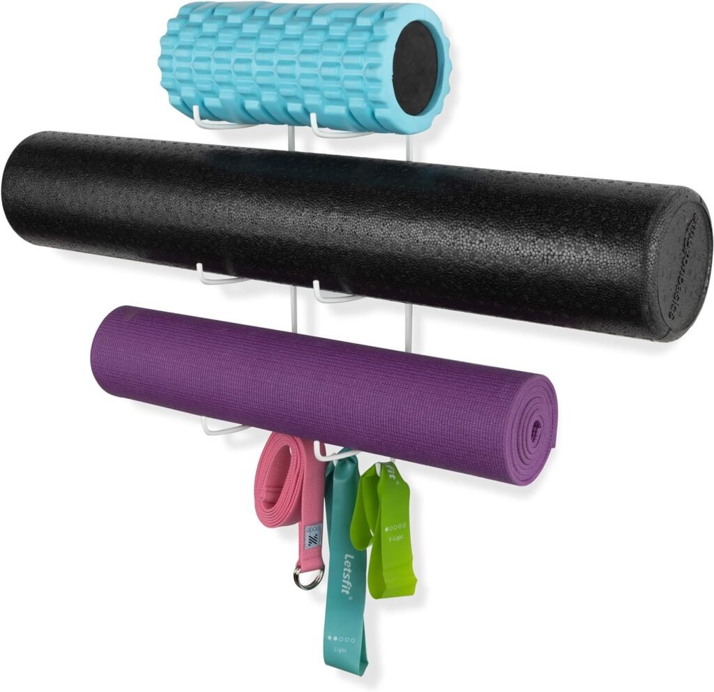 Wallniture Guru Wall Mount Yoga Mat Foam Roller and Towel Rack with 3 Hooks for Hanging Yoga Strap and Resistance Bands, 3-Sectional Metal