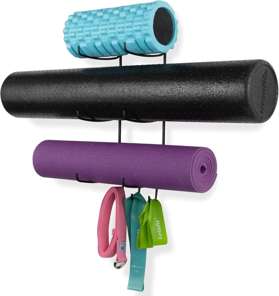 Wallniture Guru Wall Mount Yoga Mat Foam Roller and Towel Rack with 3 Hooks for Hanging Yoga Strap and Resistance Bands, 3-Sectional Metal