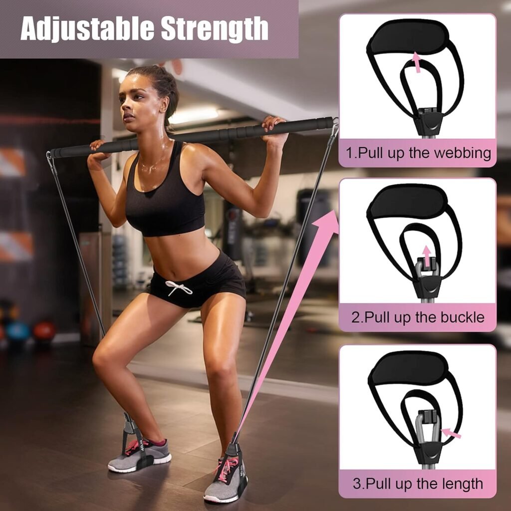 WeluvFit Pilates Bar Kit with Resistance Bands, Exercise Fitness Equipment for Women  Men, Home Gym Workouts Stainless Steel Stick Squat Yoga Pilates Flexbands Kit for Full Body Shaping