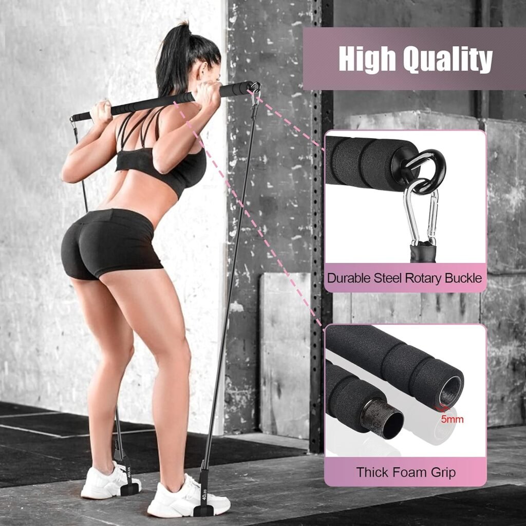 WeluvFit Pilates Bar Kit with Resistance Bands, Exercise Fitness Equipment for Women  Men, Home Gym Workouts Stainless Steel Stick Squat Yoga Pilates Flexbands Kit for Full Body Shaping