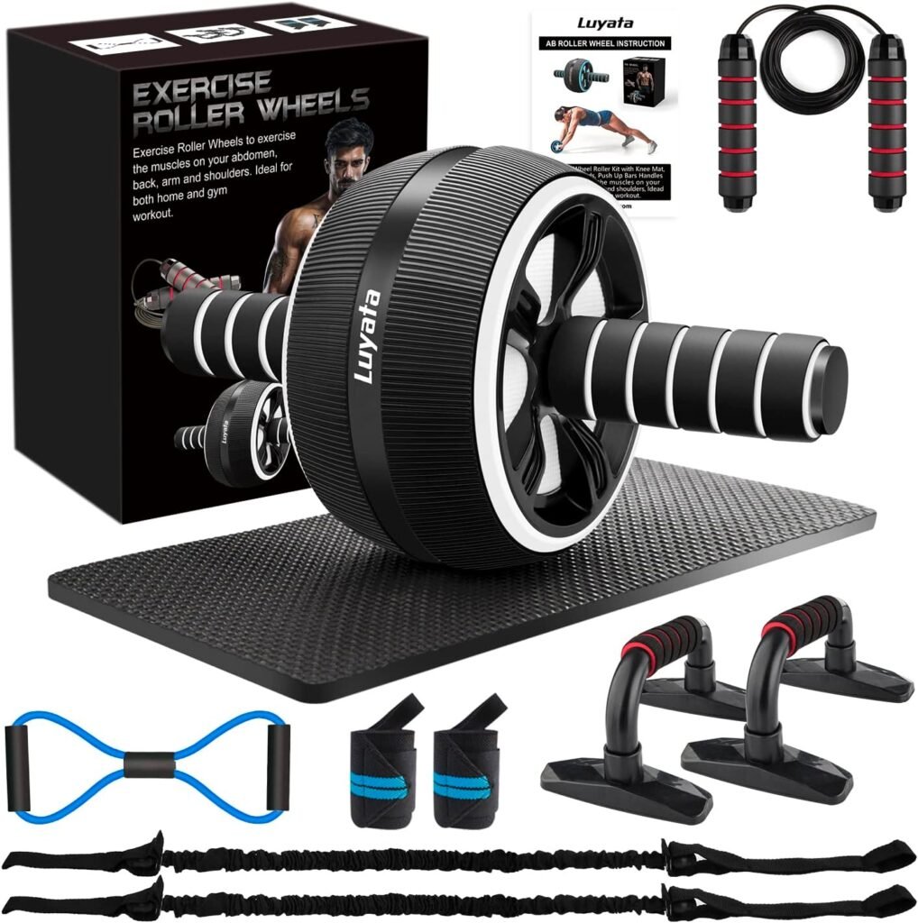 Ab Roller Wheel, 10-In-1 Ab Exercise Wheels Kit with Resistance Bands, Knee Mat, Jump Rope, Push-Up Bar - Home Gym Equipment for Men Women Core Strength  Abdominal Exercise