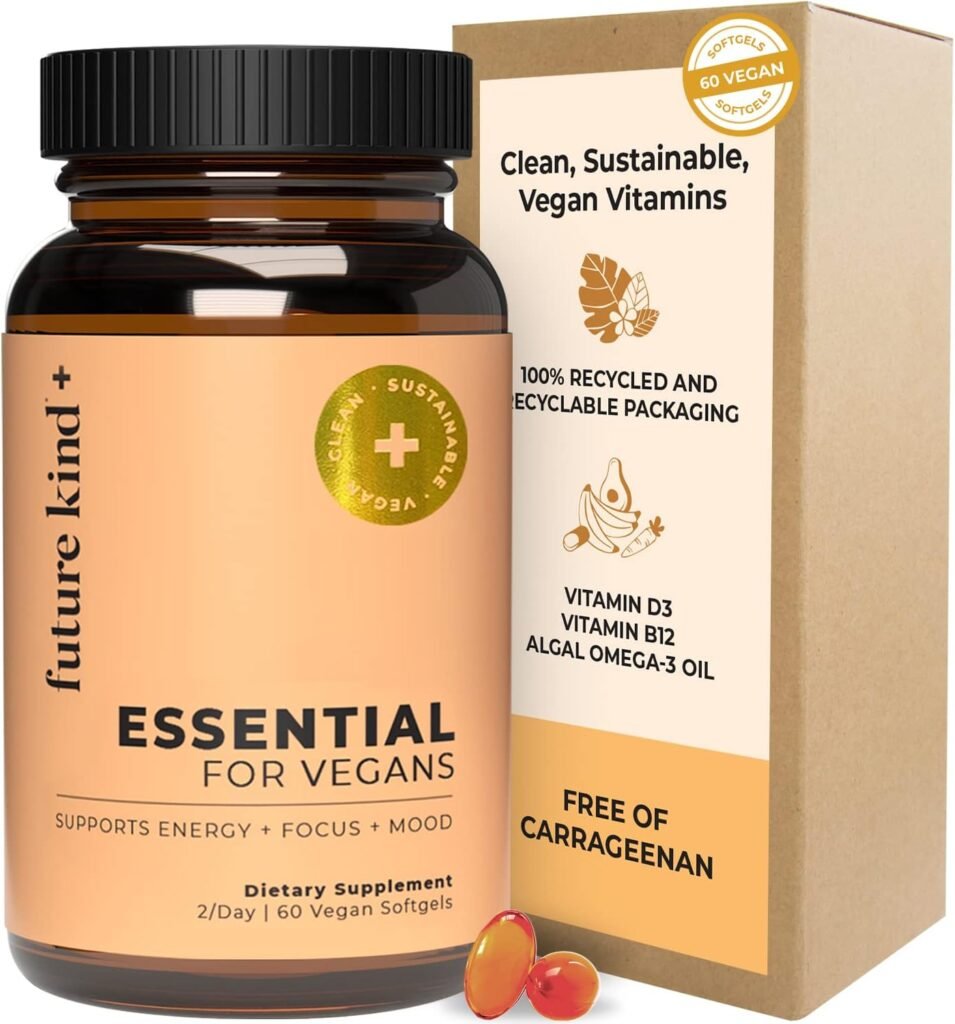 Future Kind Vegan Multivitamins - Glass Bottle  Made for Vegans w/Omega 3 DHA+EPA, Vitamin B12  D3 - Vegan Vitamin for Energy, Focus,  Mood - Vegan Vitamins for Women  Men, 60 Tiny Softgels