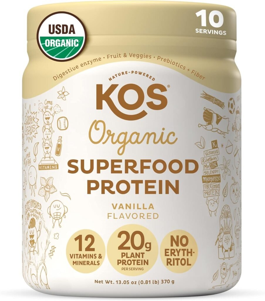 KOS Plant Based Protein Powder, Vanilla USDA Organic - Low Carb Pea Protein Blend, Vegan Superfood Rich in Vitamins  Minerals - Keto, Soy, Dairy Free - Meal Replacement for Women  Men - 10 Servings