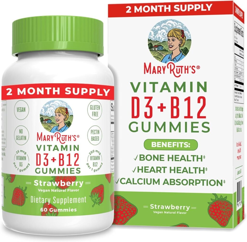 MaryRuth Organics Vitamin D3 + B12 Gummies | 2 Month Supply | Vitamin D  B12 Vitamin Supplements for Adults  Kids | Supports Bone Health | Promotes Energy Boost | Vegan | Non-GMO| 60 Servings