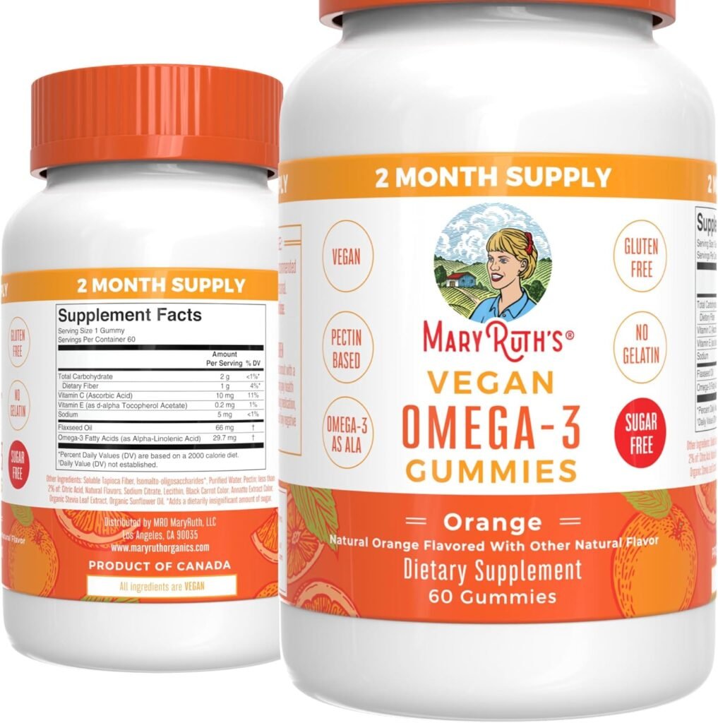 MaryRuths Vegan Omega 3 Gummies for Adults by 2 Month Supply Sugar Free Supplement with Vitamin C | E | Flaxseed Oil Immune Support | Overall Wellness No Fish Taste | 60 Count