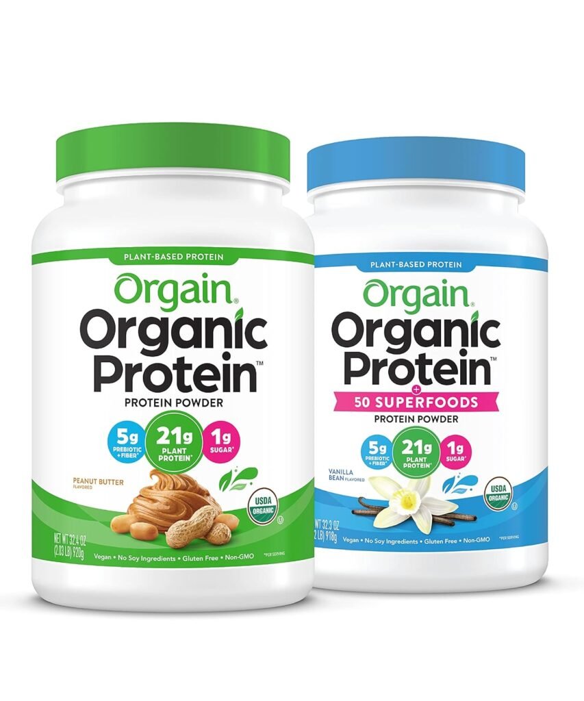 Orgain Organic Plant Based Protein Powder, Peanut Butter - Vegan, Low Net Carbs, 2.03 Pound  Organic Plant Based Protein + Superfoods Powder, Vanilla Bean - Vegan, Non Dairy, Lactose Free, 2.02 lb