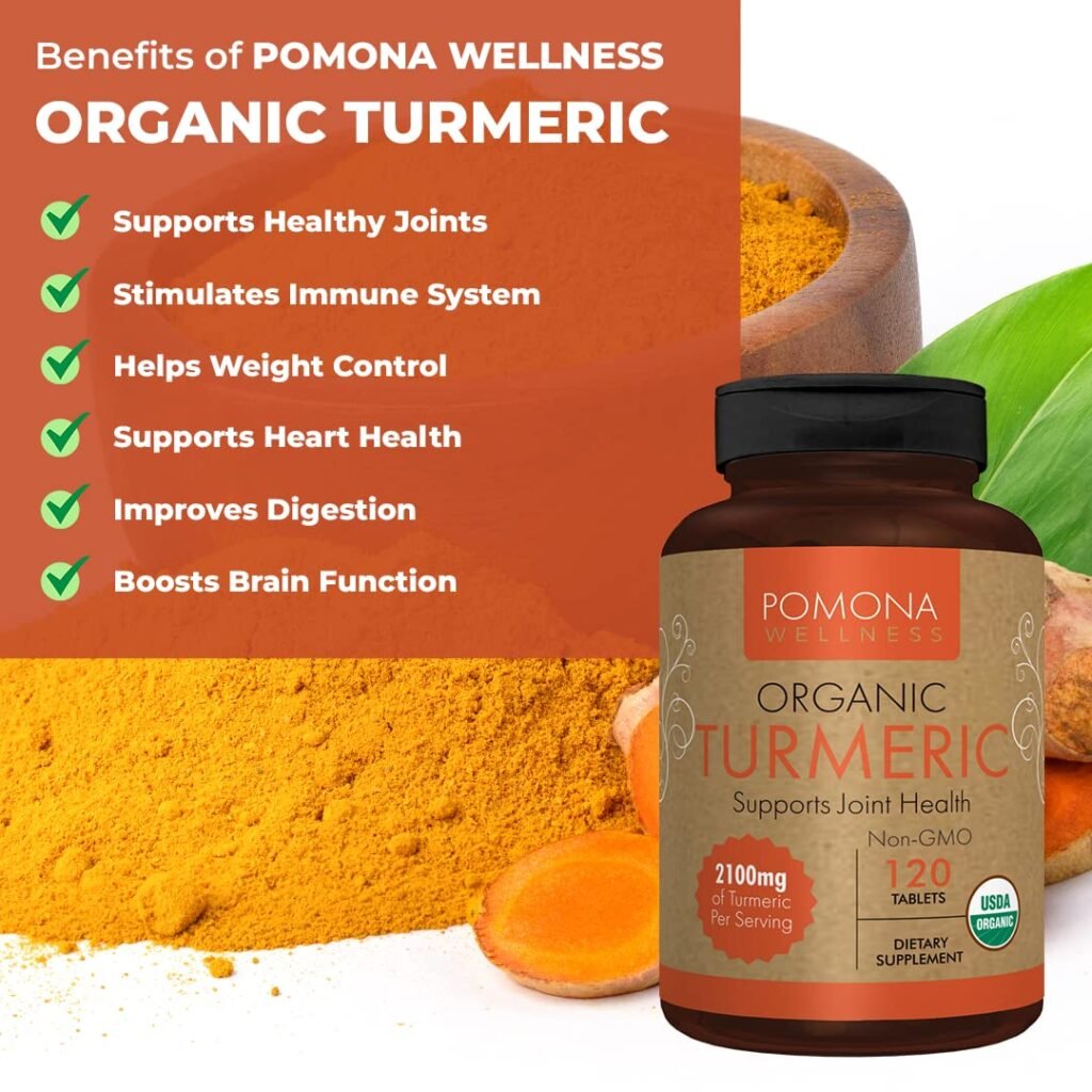 Pomona Wellness Organic Turmeric Supplement 2100 mg, USDA Organic, Non-GMO, Vegan, Turmeric Curcumin with Black Pepper for Absorption, for Joint Support and Immunity, 120 Tablets