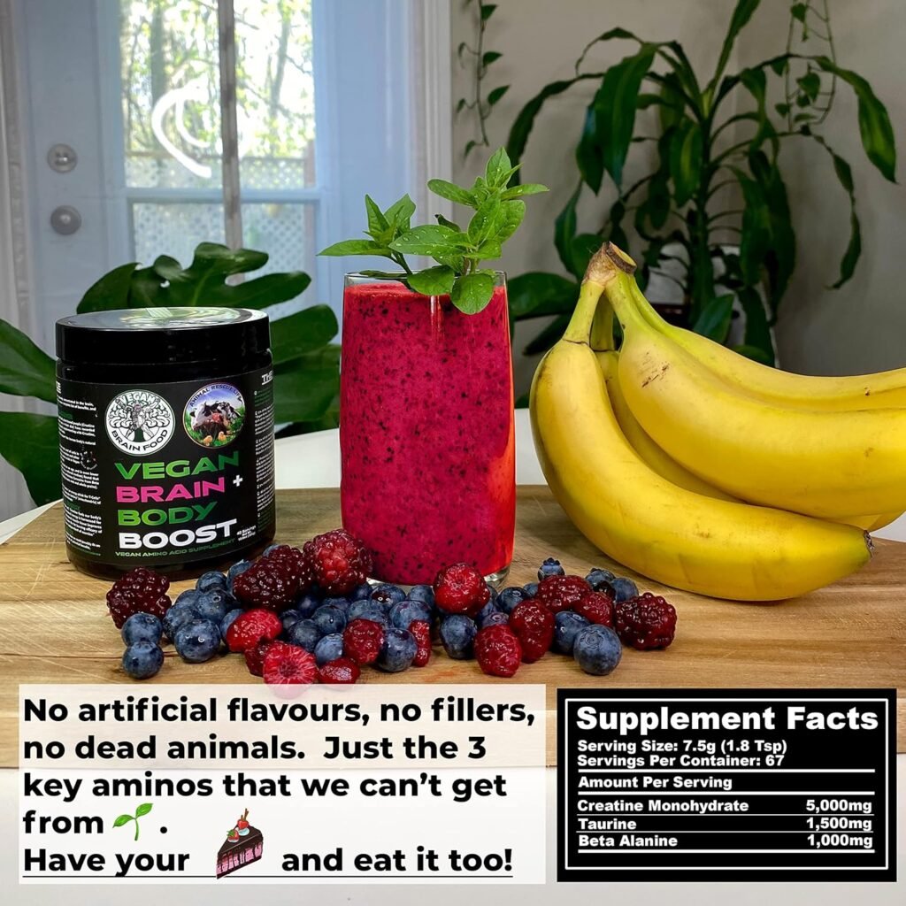 Vegan Brain  Body Boost: The Cherry On Top of A Plant-Based Lifestyle | Working Intelligence | Anti-Aging | Physical Fitness | Vegan Amino Acids - Creatine, Taurine  Beta Alanine | 40 Servings/300g