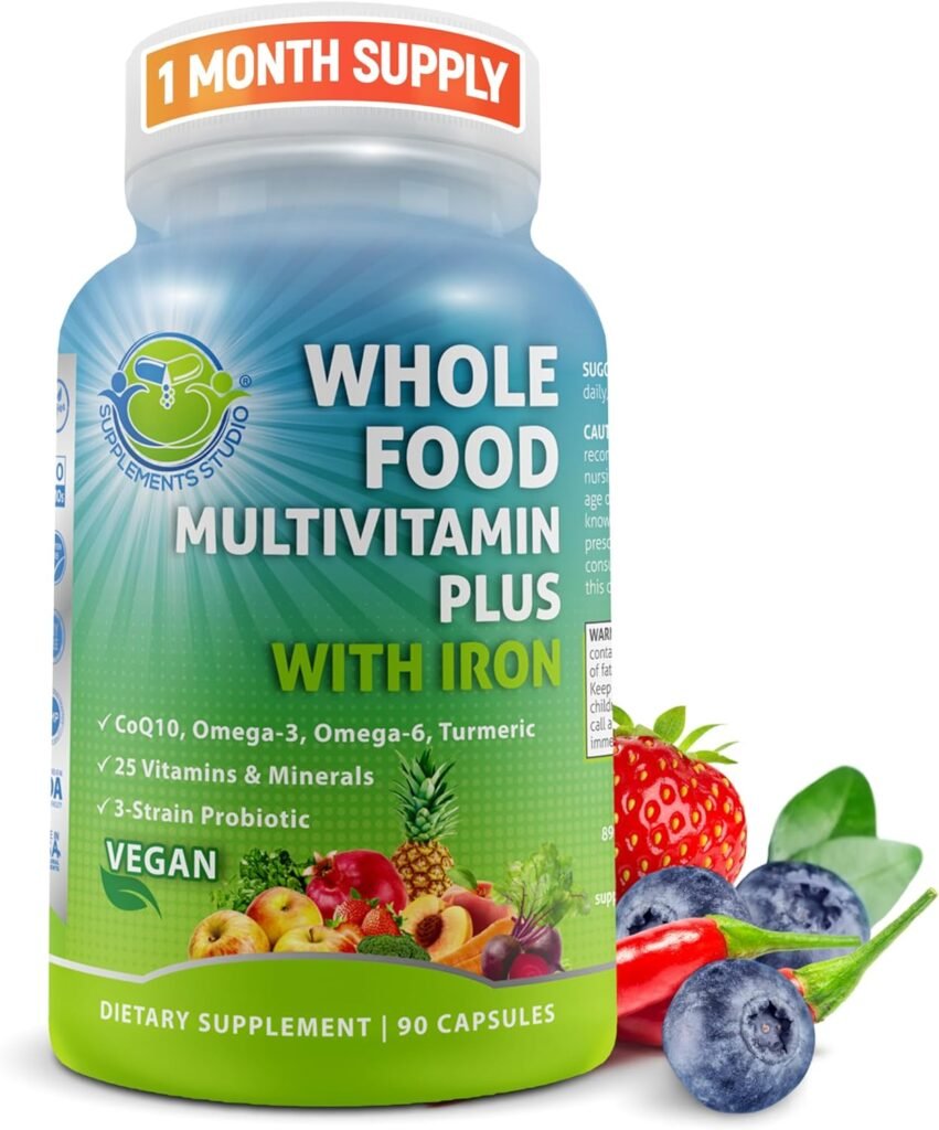Vegan Whole Food Multivitamin with Iron, Daily Multivitamin for Women and Men, Made with Fruits  Vegetables, B-Complex, Probiotics, Enzymes, CoQ10, Omegas, Turmeric, Non-GMO, 90 Count