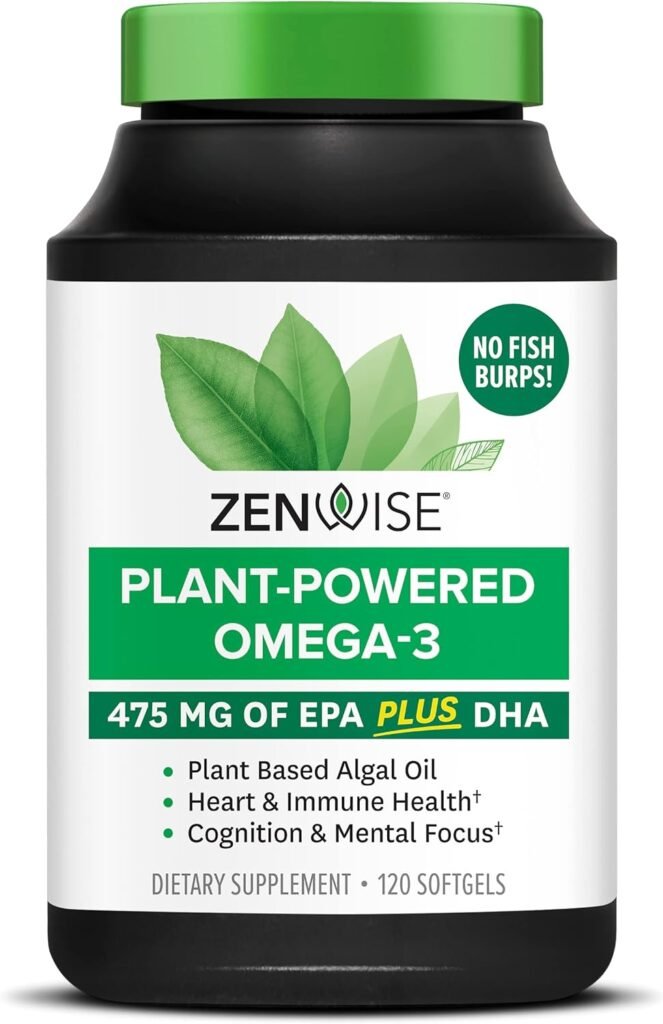 Zenwise Health Vegan Omega 3 - Plant Powered Omega-3 from Marine Algal Oil with EPA and DHA Fatty Acids – AVA Certified Vegan Support for Immune Function, Brain, Joints, Heart  Skin - 120 Count