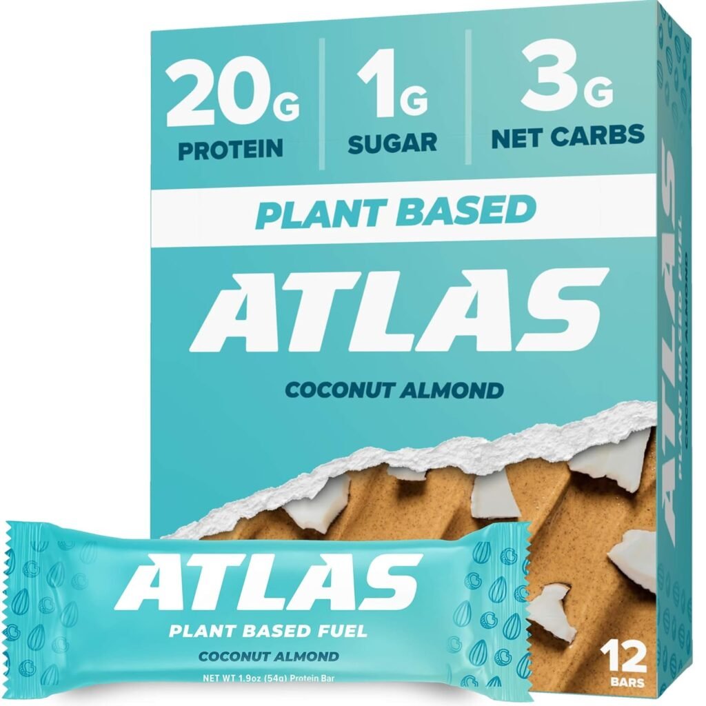 Atlas Protein Bar, 20g Plant Protein, 1g Sugar, Clean Ingredients, Gluten Free Coconut Almond, 12 Count (Pack of 3))