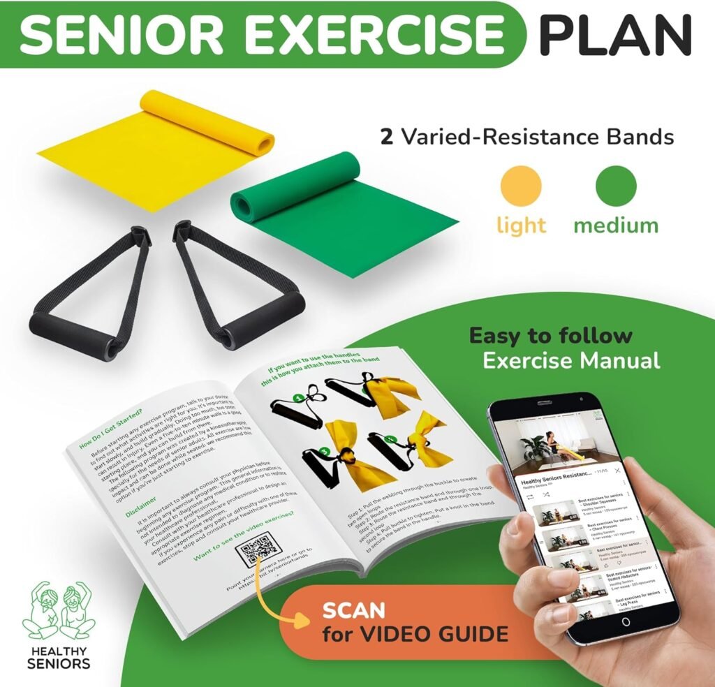 Chair Exercises for Seniors - Two Resistance Bands, Handles, and Printed Exercise Guide. Adjustable Fitness Equipment for Seniors, Elderly Home. Occupational  Physical Therapy Aids