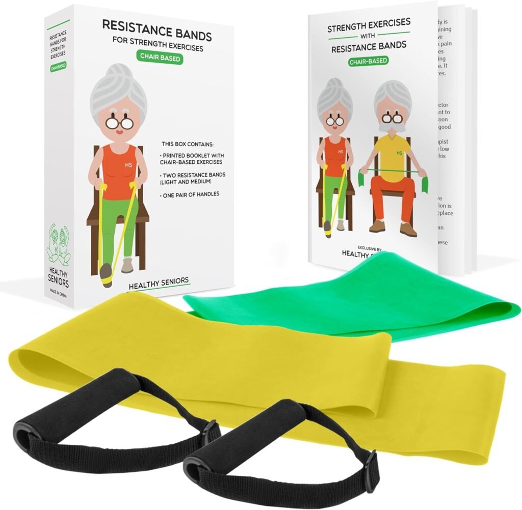 Chair Exercises for Seniors - Two Resistance Bands, Handles, and Printed Exercise Guide. Adjustable Fitness Equipment for Seniors, Elderly Home. Occupational  Physical Therapy Aids