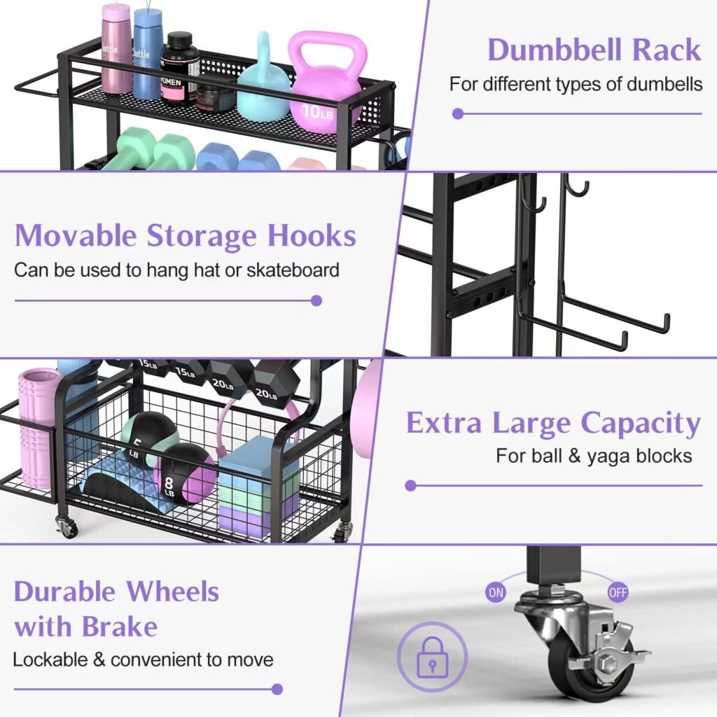 Dumbbell Rack, Weight Rack for Dumbbells, Home Gym Storage Rack for Yoga Mat Kettlebells Balls and Strength Training Equipment, Weight Storage Holder Rack for Dumbbells with Wheels and Hooks