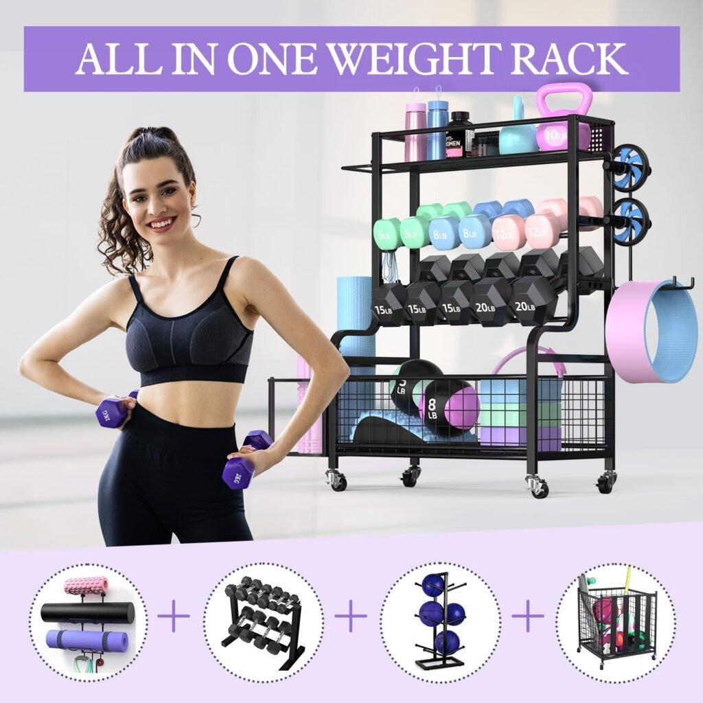 Dumbbell Rack, Weight Rack for Dumbbells, Home Gym Storage Rack for Yoga Mat Kettlebells Balls and Strength Training Equipment, Weight Storage Holder Rack for Dumbbells with Wheels and Hooks