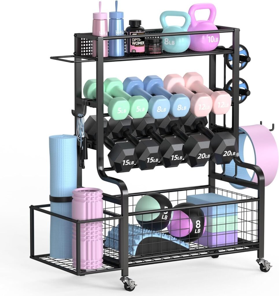 Dumbbell Rack, Weight Rack for Dumbbells, Home Gym Storage Rack for Yoga Mat Kettlebells Balls and Strength Training Equipment, Weight Storage Holder Rack for Dumbbells with Wheels and Hooks