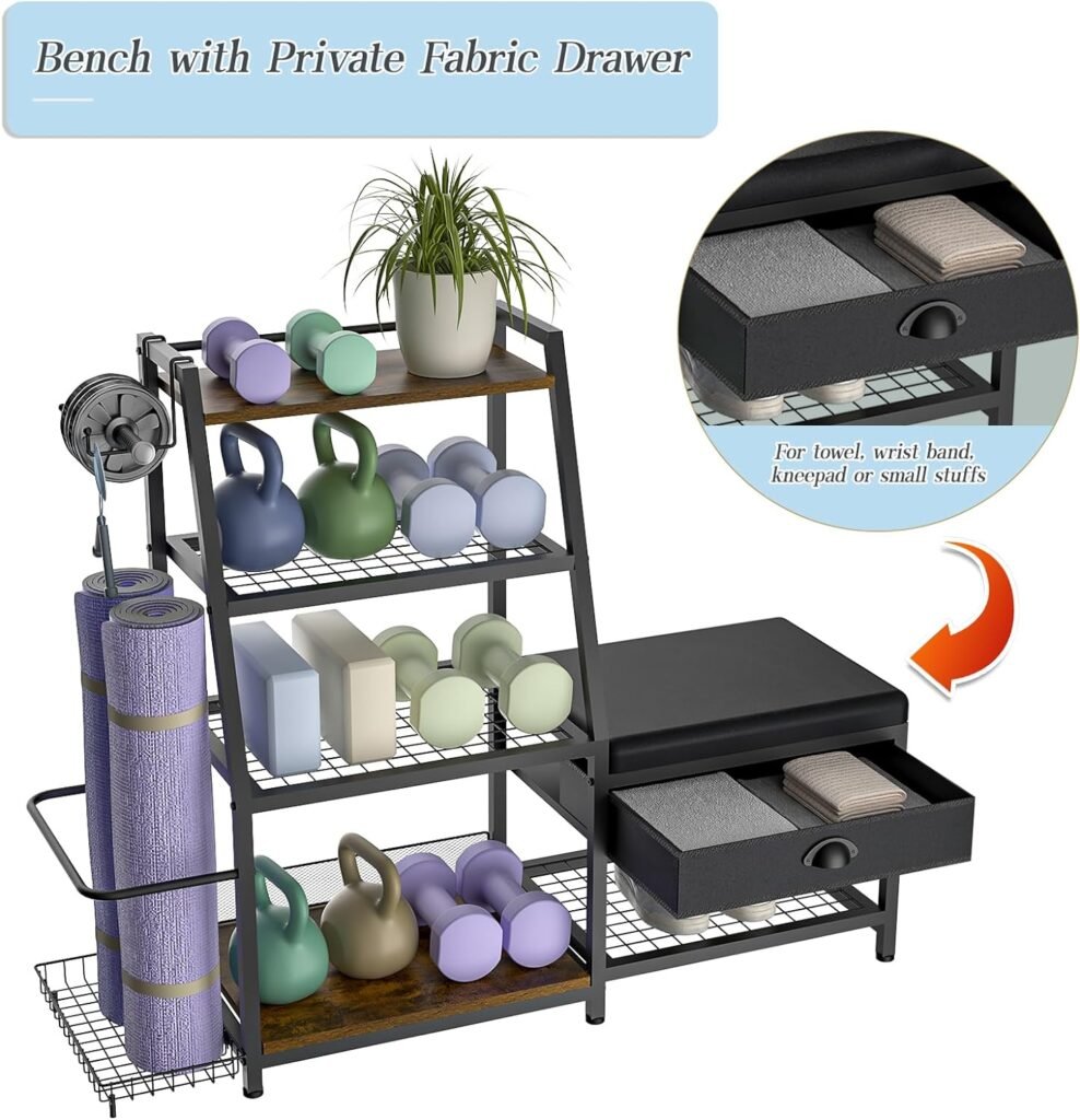 Home Gym Storage Rack with Bench, Gym Organizer for Home, Workout Equipment Storage Organizer, Storage Holder Rack for Dumbbells Kettle bells Yoga Mat Rollers, All in One Gym Accessories Rack