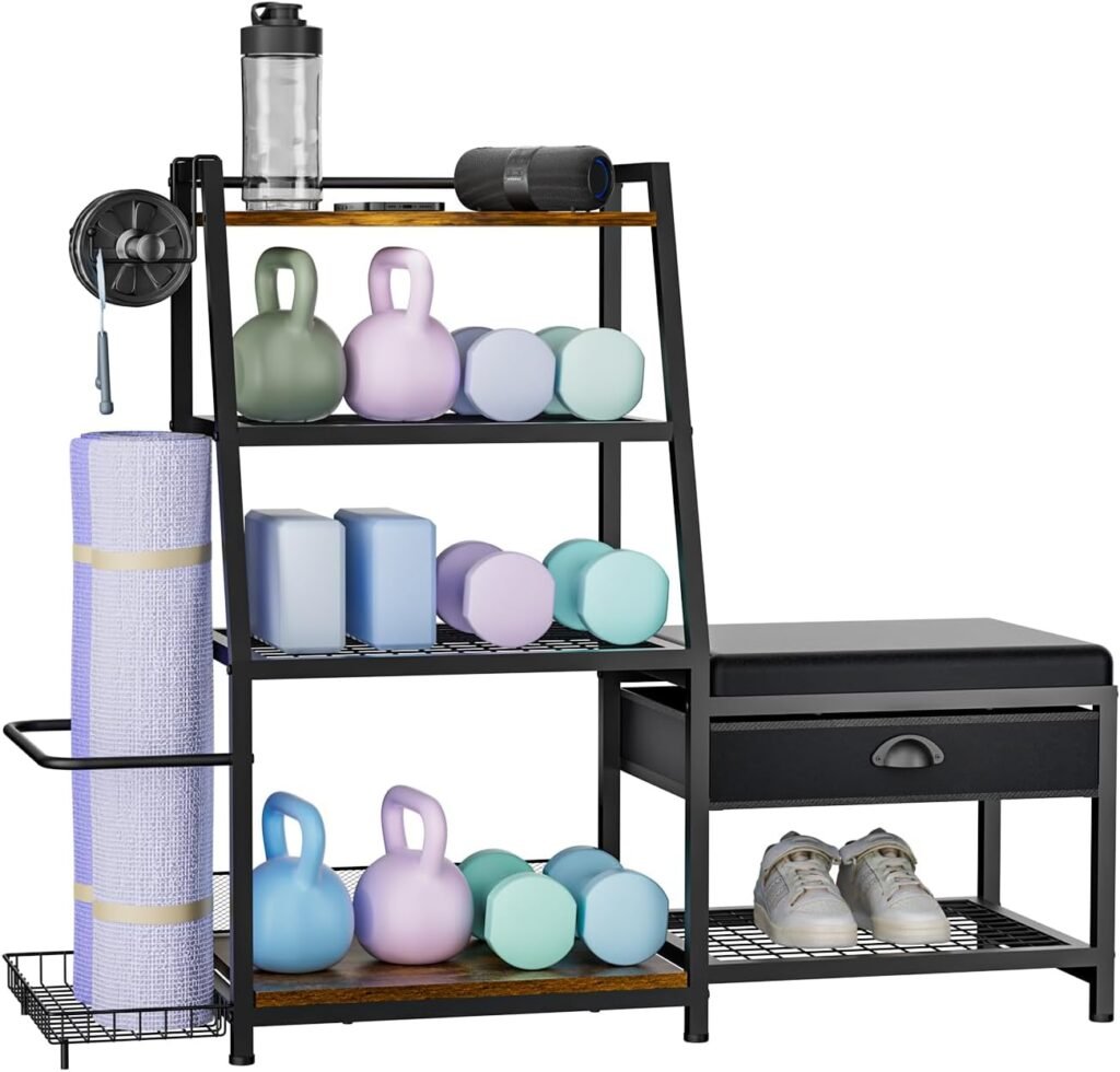 Home Gym Storage Rack with Bench, Gym Organizer for Home, Workout Equipment Storage Organizer, Storage Holder Rack for Dumbbells Kettle bells Yoga Mat Rollers, All in One Gym Accessories Rack