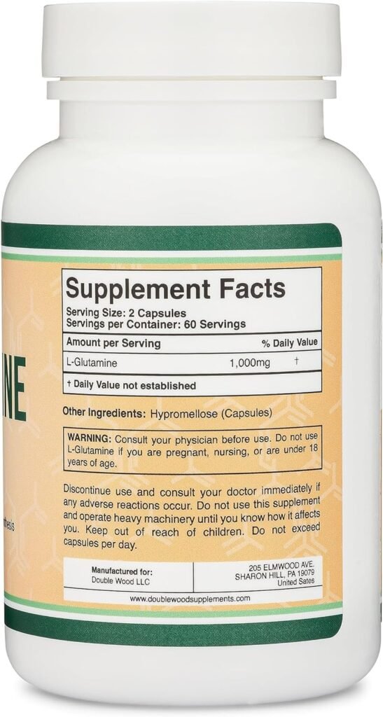 L Glutamine Capsules - No Fillers (500mg, 120 Count) Manufactured in The USA, Keto Safe, Vegan Friendly, Third Party Tested (for Endurance and Gut Health) by Double Wood