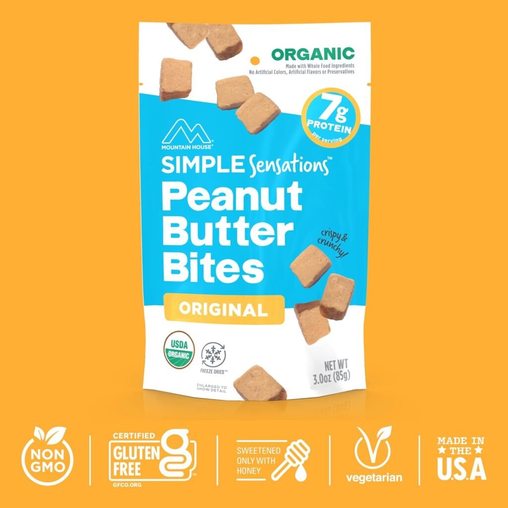 Mountain House Simple Sensations Peanut Butter Bites - Original | 3-Serving Pouch | Certified Organic | Gluten-Free | Vegetarian | Freeze-Dried Snack | 7g Plant-Based Protein Per Serving