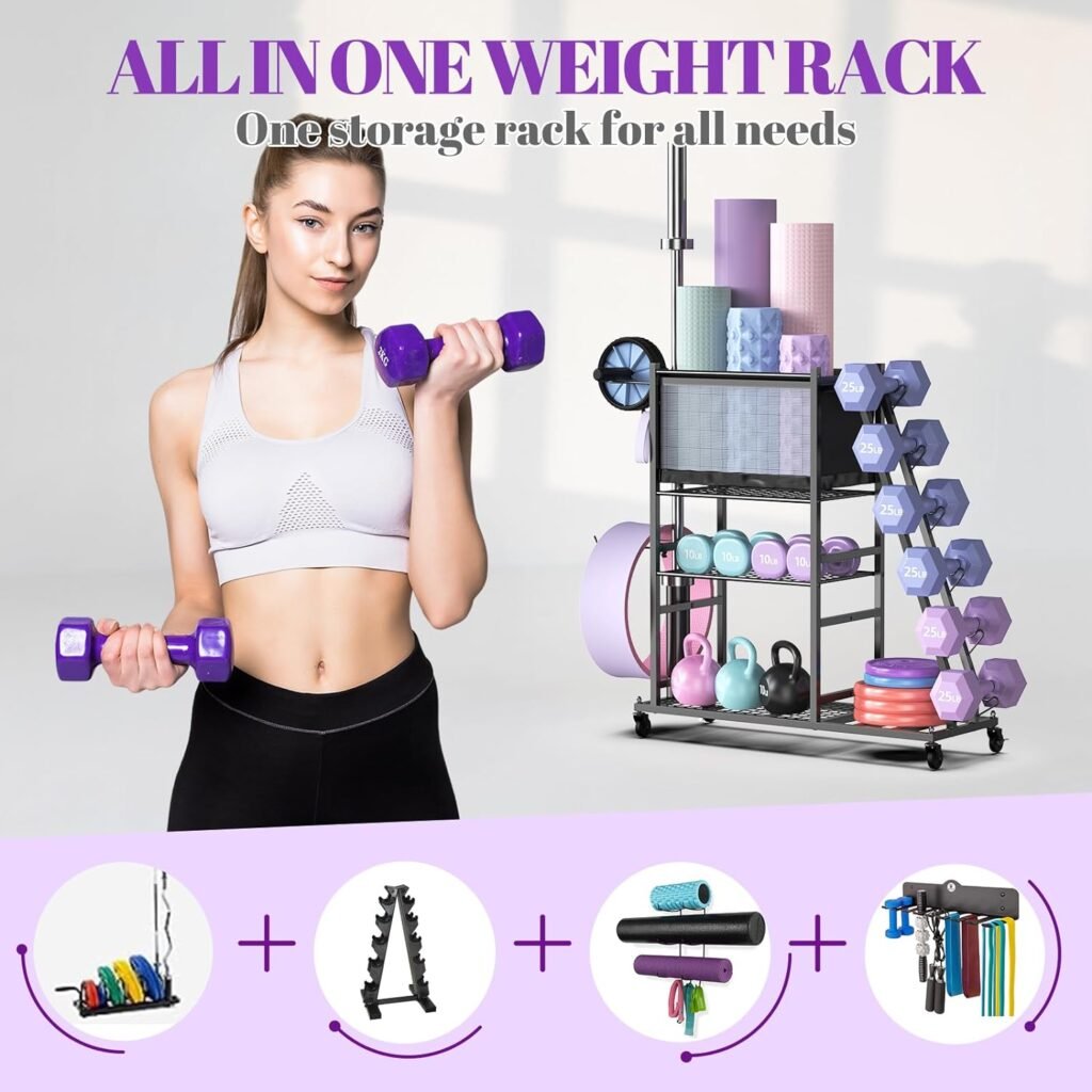 Mythinglogic Weight Rack for Dumbbells, Home Gym Storage for Yoga Mat Dumbbells Kettlebells and Strength Training Equipment, Dumbbell Rack with Wheels and Hanging Hooks