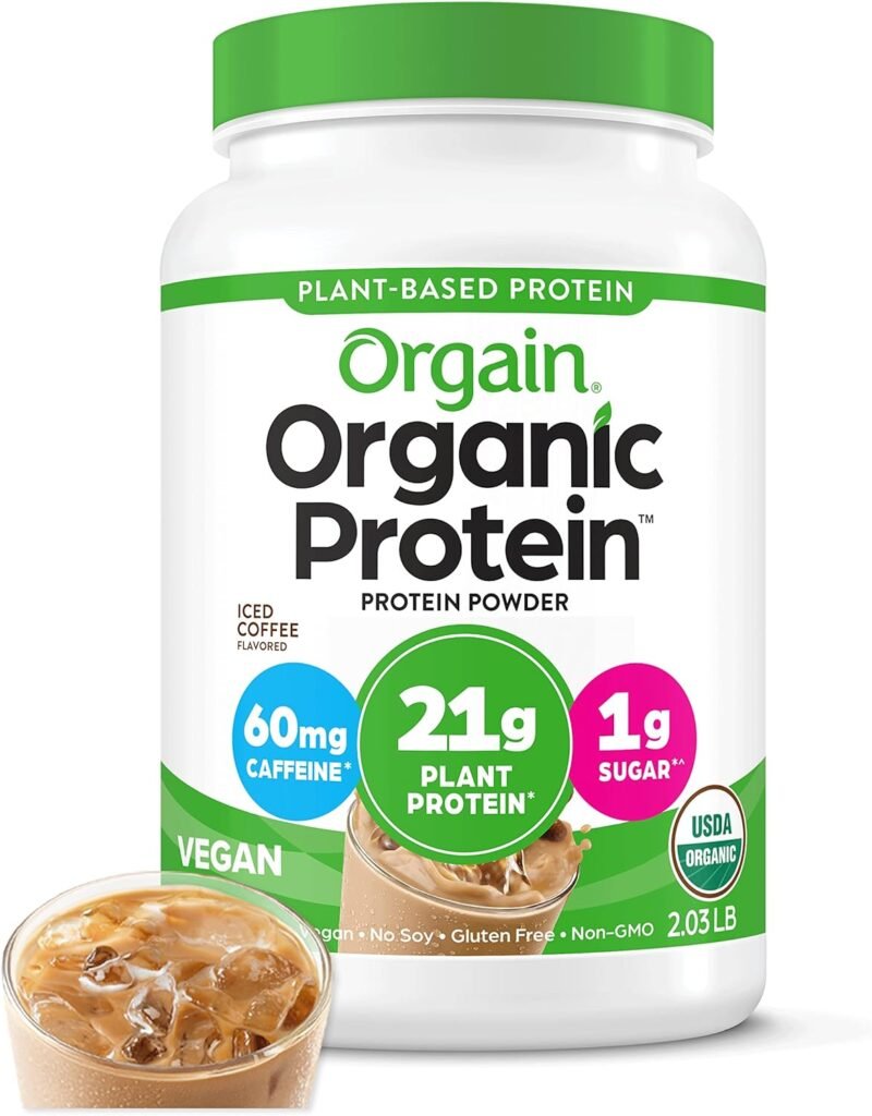 Orgain Organic Vegan Protein Powder, Iced Coffee - 21g Plant Based Protein, Gluten Free, Dairy Free, Lactose Free, Soy Free, No Sugar Added, Kosher, For Smoothies  Shakes - 2.03lb