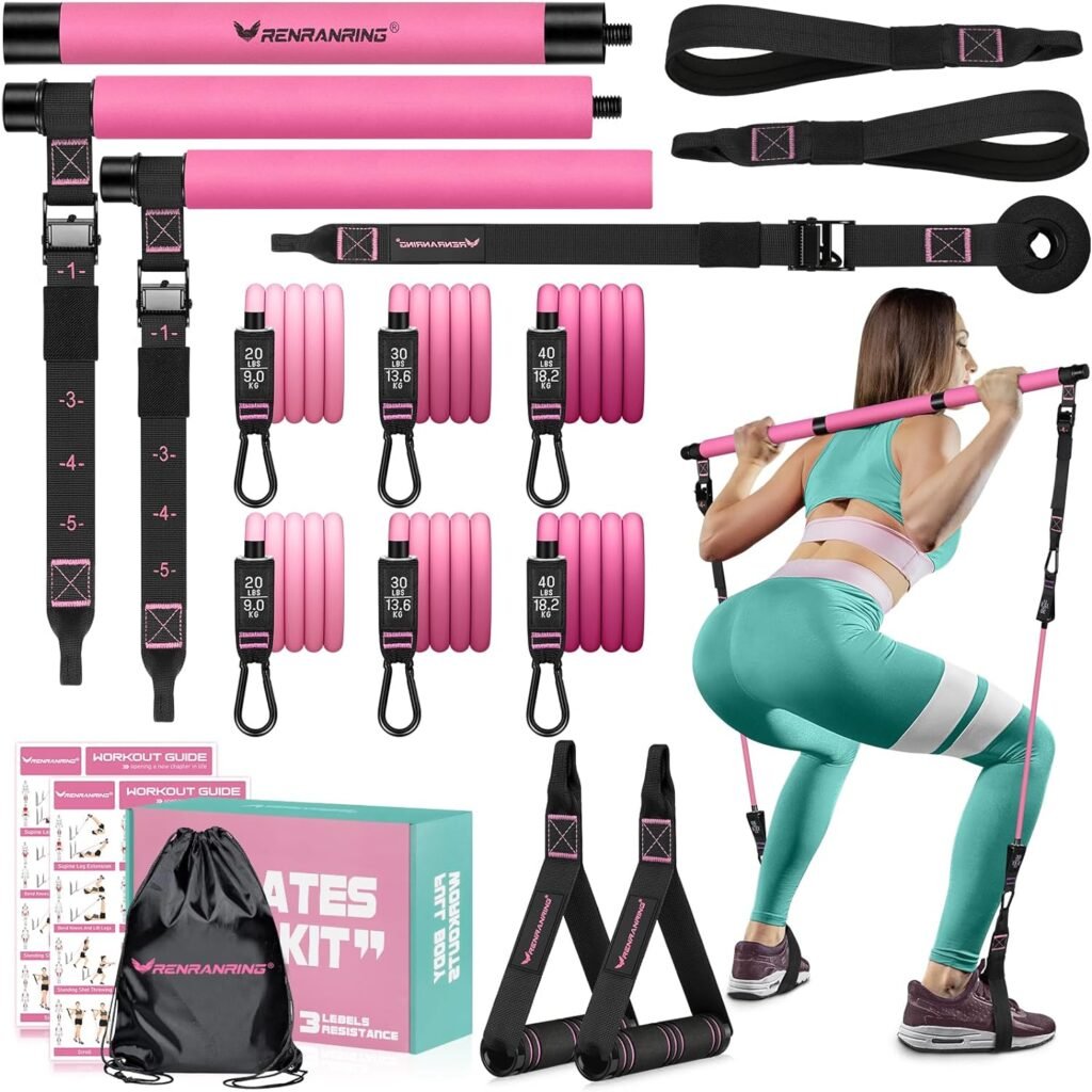 Pilates Bar Kit with Resistance Bands, Multifunctional Yoga Pilates Bar with Heavy-Duty Metal Adjustment Buckle for Women  Men, Home Gym Pilates Resistance Bar Kit forFull Body Workouts