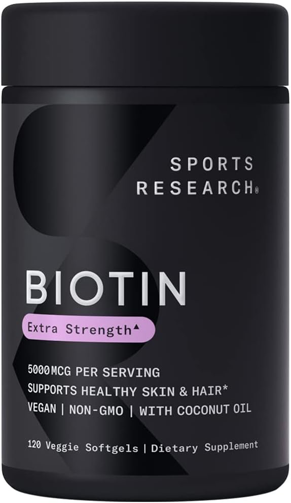 Sports Research Vegan Biotin 5000mcg with Organic Coconut Oil - Extra Strength Biotin Vitamin B7 for Healthier Hair  Skin + Keratin Support - Non-GMO  Gluten Free, 120 Softgels (4 Month Supply)