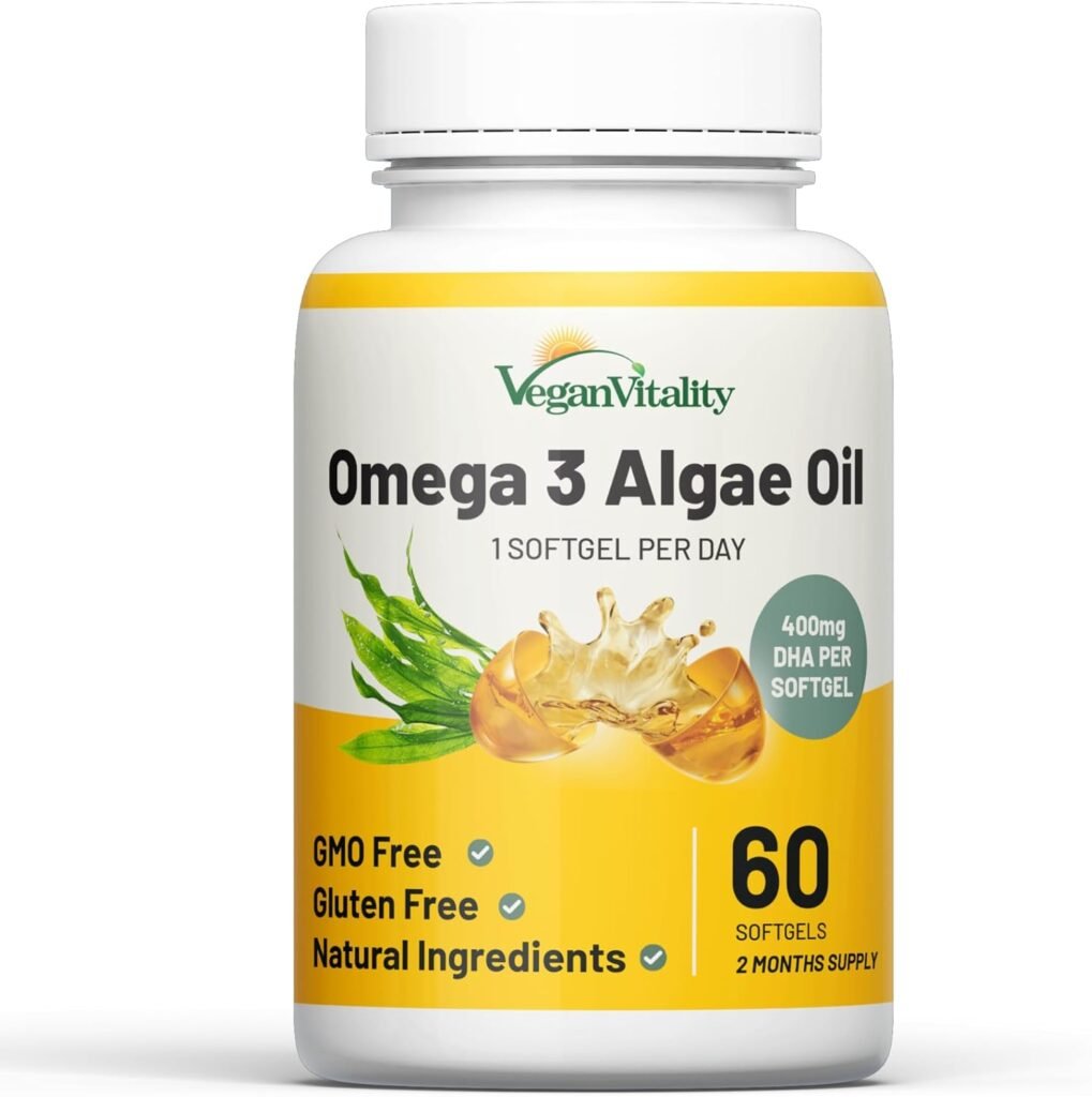 Vegan Vitality Vegan Omega 3 Supplement - 60 Plant Based Algae Omega 3 Oil Soft Gels Essential Fatty Acids with Vegan DHA for Joint, Heart  Immune Support Without EPA.