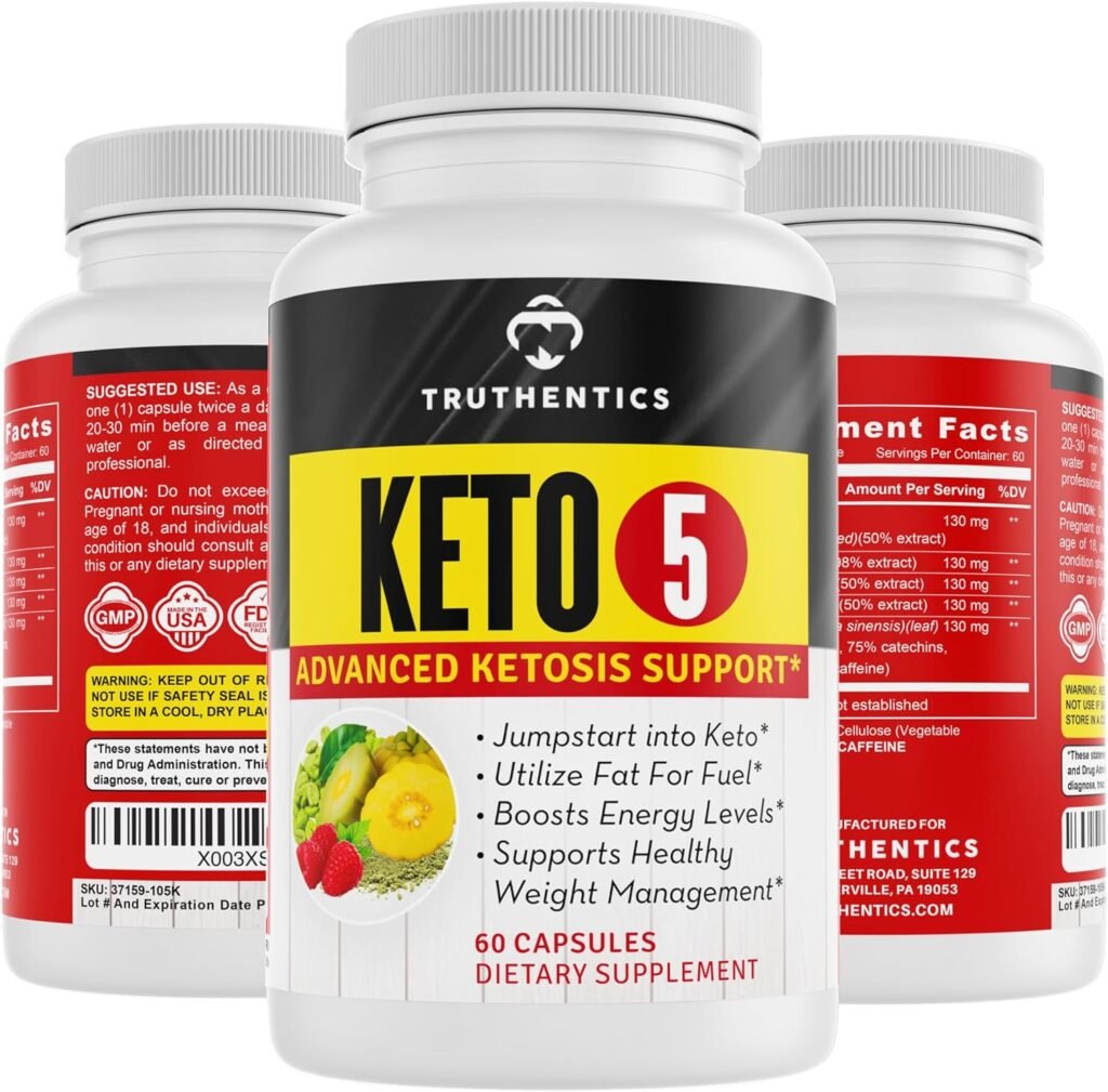 Keto 5 - Natural Keto Support Supplements - Promotes Ketosis for Women and Men - Boosts Energy, Focus - Supports Keto Diet - Non-GMO, Gluten Free, 60 Capsules