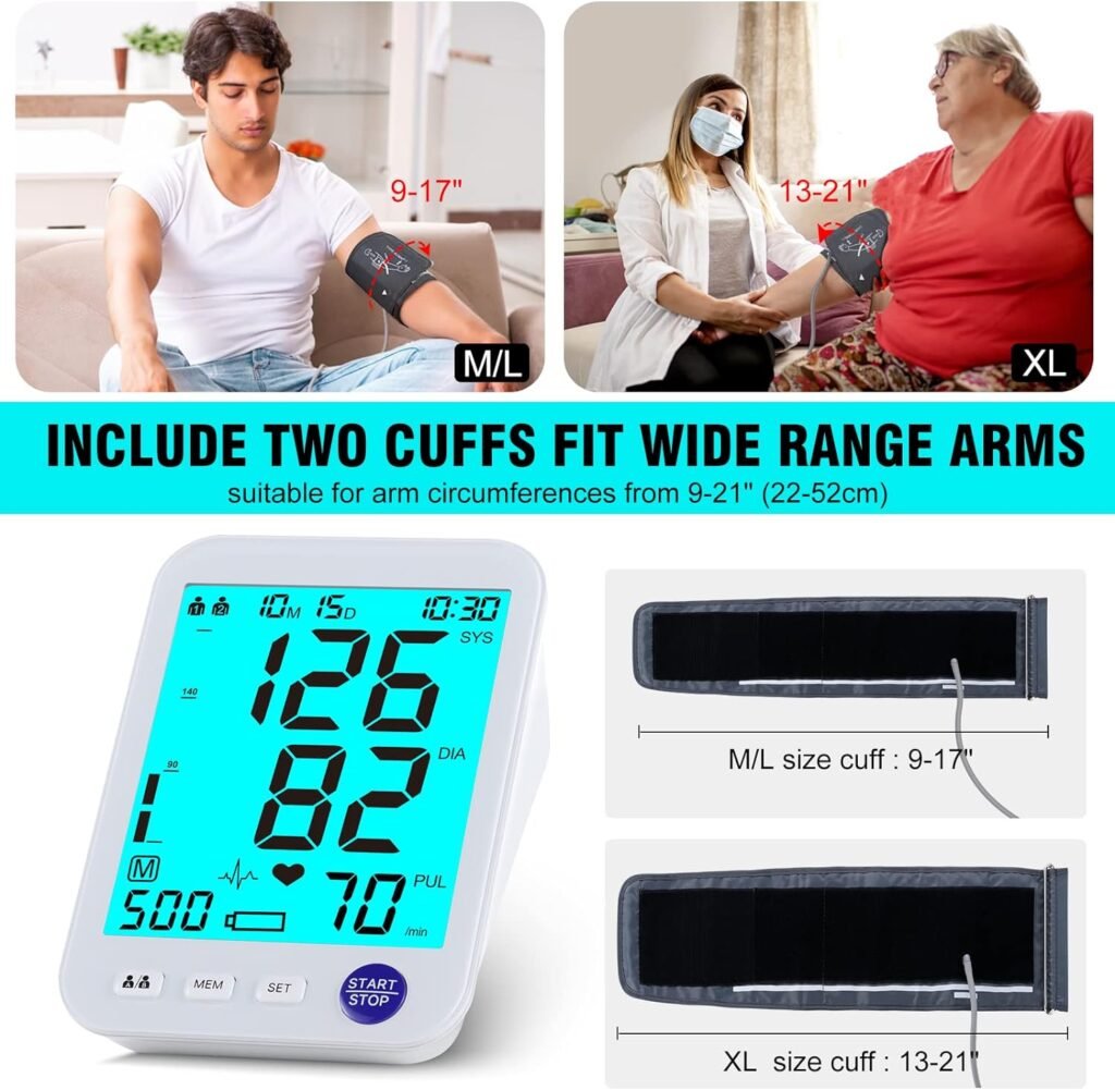 Blood Pressure Monitor-Automatic Blood Pressure Machine XL Cuff for Big Arms 13-21”-Medium/Large Cuff 9-17 Extra Large Backlit LCD Heart Rate Detection Two User 1000 Mem (Blue