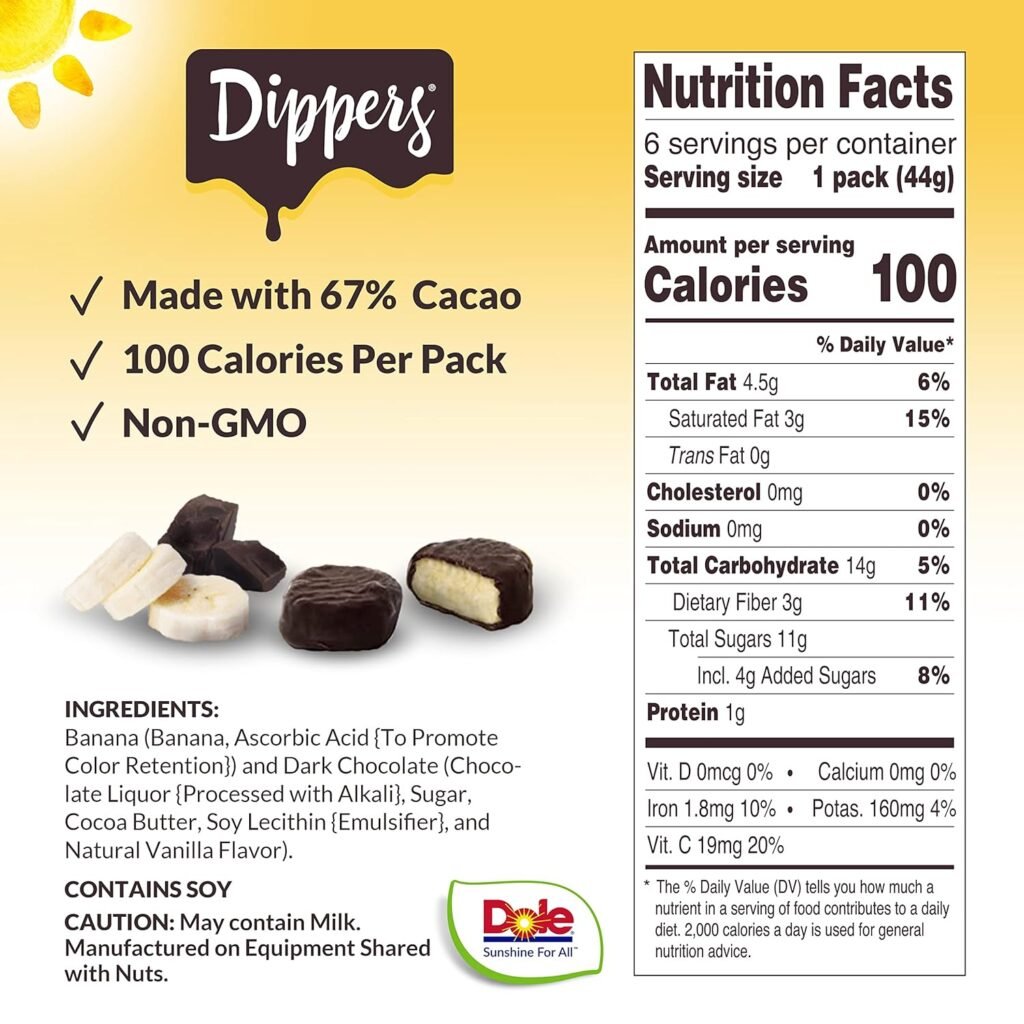 Dole Frozen Dark Chocolate Dippers, Dark Chocolate Covered Banana Slices, 1.55 Oz Pack, 6 Snacks