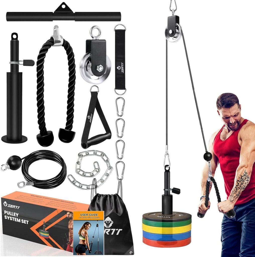 LAT Pulldown Pulley System Gym, Upgraded LAT and Lift Cable Machine Attachments with Triceps Pull Down, Biceps Curl, Back, Forearm, Shoulder, Arm Workouts - Home Gym Add On Equipment