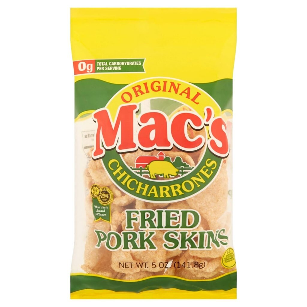 Mac’s Original Pork Skins - Low Carb, Keto Friendly Snack - Crunchy Chicharrones/Pork Rinds (5oz bags, 8ct)